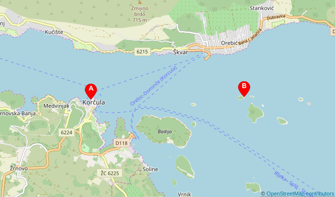 Map of ferry route between Korcula and Stupe